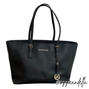 Michael Kors Black Leather Tote Laptop Bag with Gold Hardware